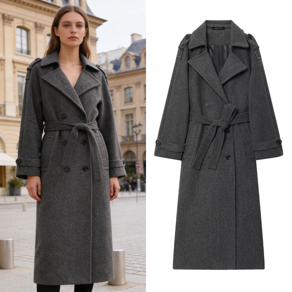 Women's Long Double-Breasted Wool Coat with Waist Belt and Epaulettes Fashion Glam