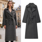 Women's Long Double-Breasted Wool Coat with Waist Belt and Epaulettes Fashion Glam