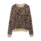 Women's Fluffy Knit Sweater with Leopard Print and Crew Neck Fashion Glam
