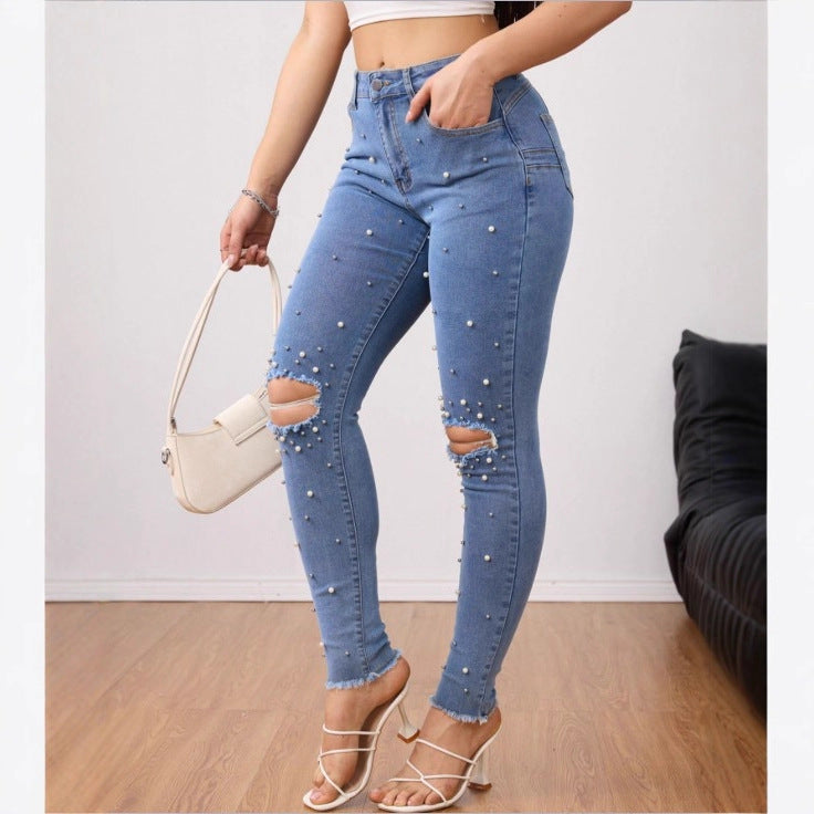 Women Pearl-Embellished High-Waist Skinny Jeans with Knee Rips and Raw Hem Fashion Glam