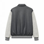 Men's Retro Letterman Bomber with Smooth Faux Leather Body and Velvet Sleeve Detail Fashion Glam