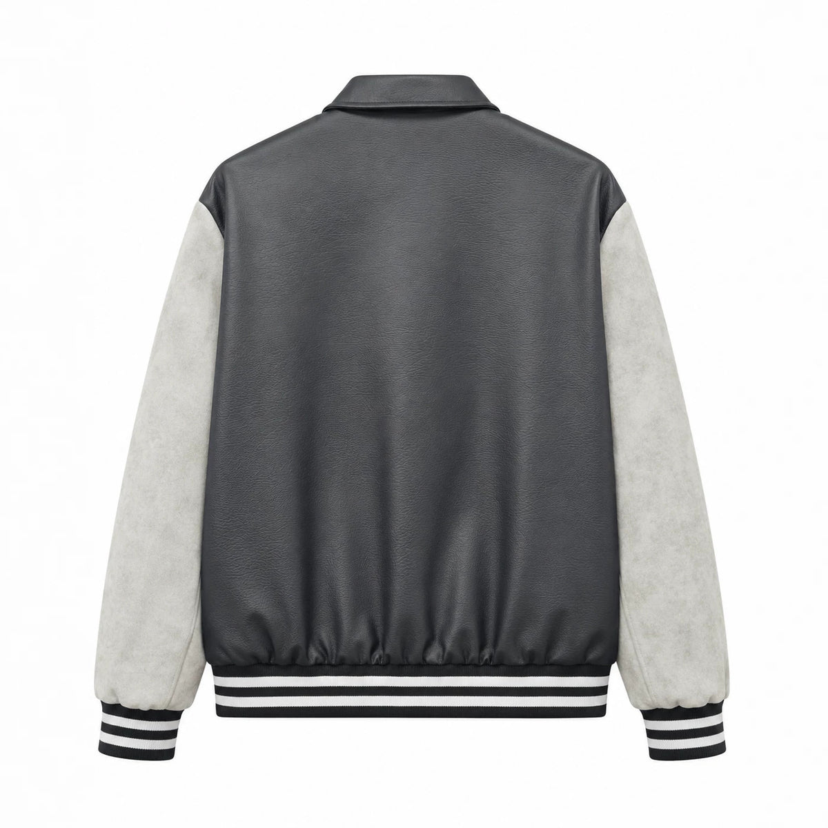 Men's Retro Letterman Bomber with Smooth Faux Leather Body and Velvet Sleeve Detail Fashion Glam