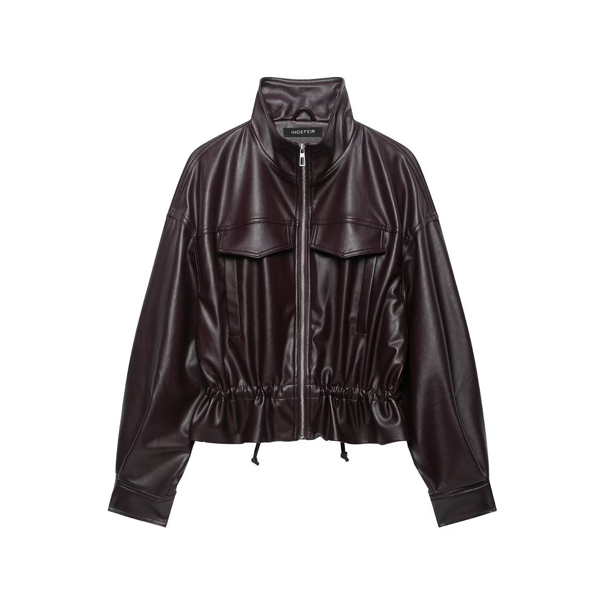 Women's cropped faux leather bomber jacket with drawstring waist Fashion Glam