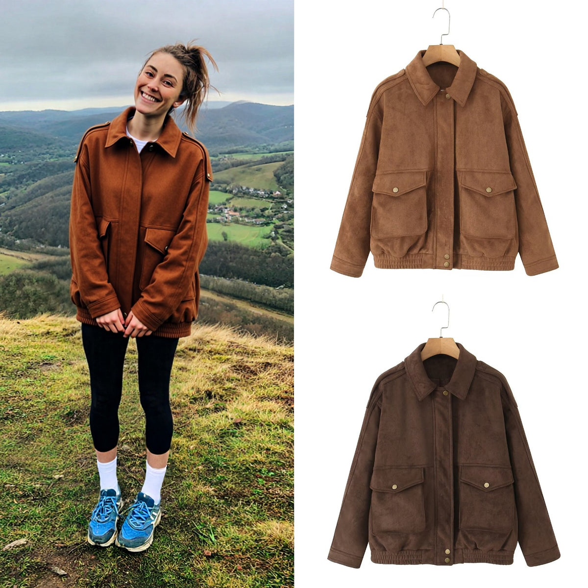 Women's Oversize Suede-Look Bomber Jacket with Flap Pockets and Elastic Hem Fashion Glam