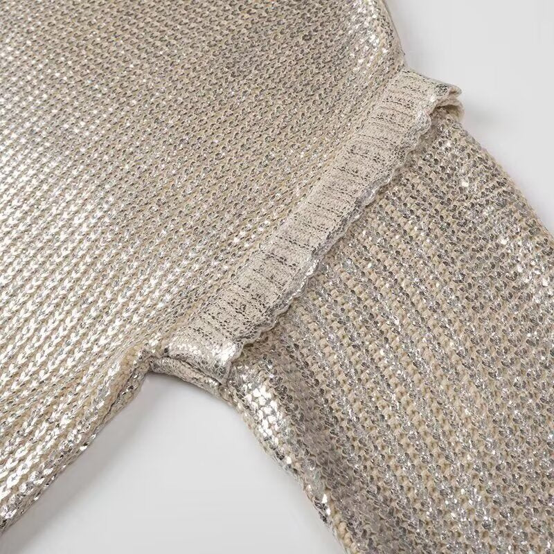 Ladies Glittering Chunky Knit Sweater with Cut-Out Shoulders Fashion Glam
