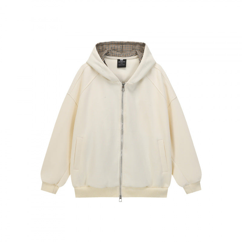 Unisex Oversize Hooded Sweat Jacket with Checked Lining, Full Zip and Ribbed Hem Fashion Glam