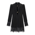 Women's midi dress with stand-up collar, cut-out front, gold decorative fasteners, and lace trim Fashion Glam