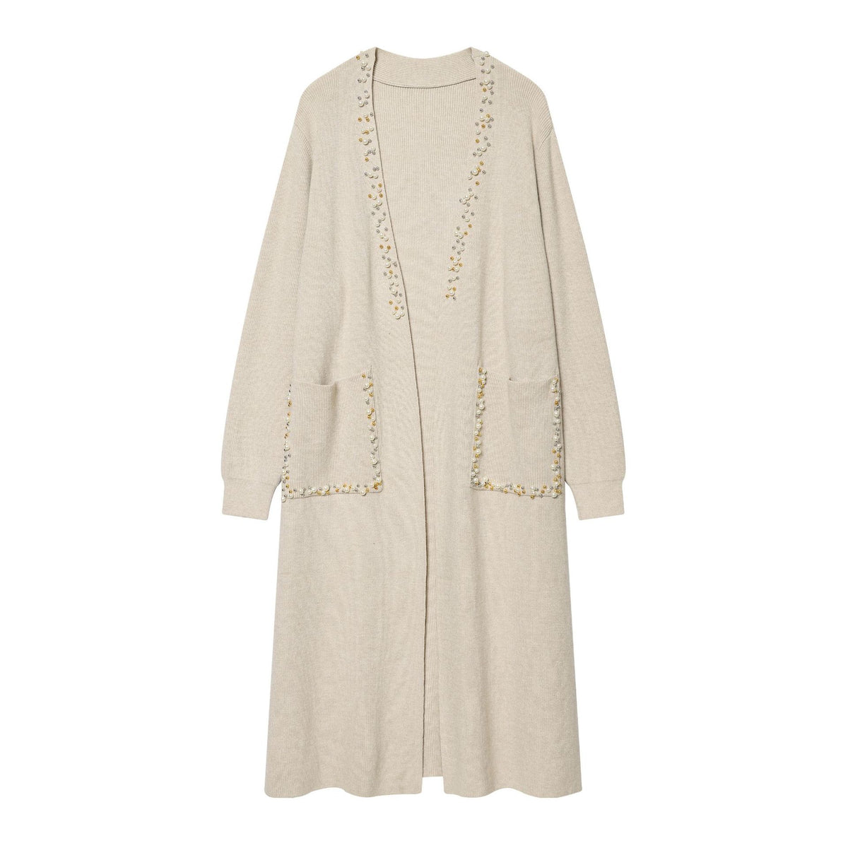 Women's long knitted cardigan with pearl trim and patch pockets Fashion Glam