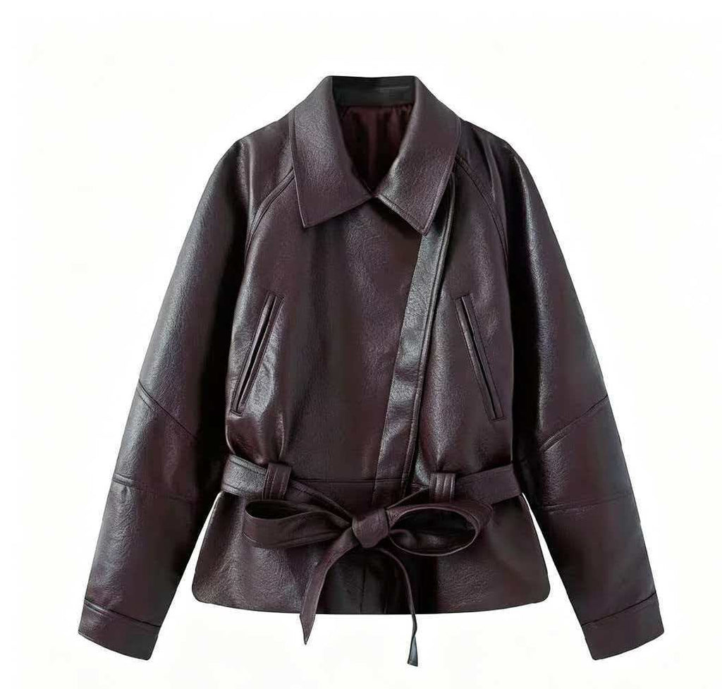 Women's short jacket made of faux leather with a belted waist and shirt collar Fashion Glam