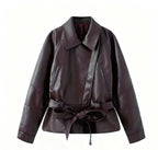 Women's short jacket made of faux leather with a belted waist and shirt collar Fashion Glam