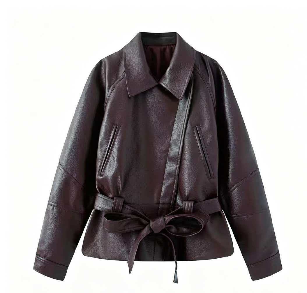 Women's short jacket made of faux leather with a belted waist and shirt collar Fashion Glam