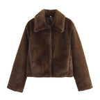 Women's Short Boxy Faux Fur Blouson with Classic Lapel Collar and Silky Lining Fashion Glam