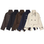 Women's Short Double-Breasted Cape Coat made of Wool with Stand-Up Collar Shoulder Epaulettes and Tie Belt Fashion Glam