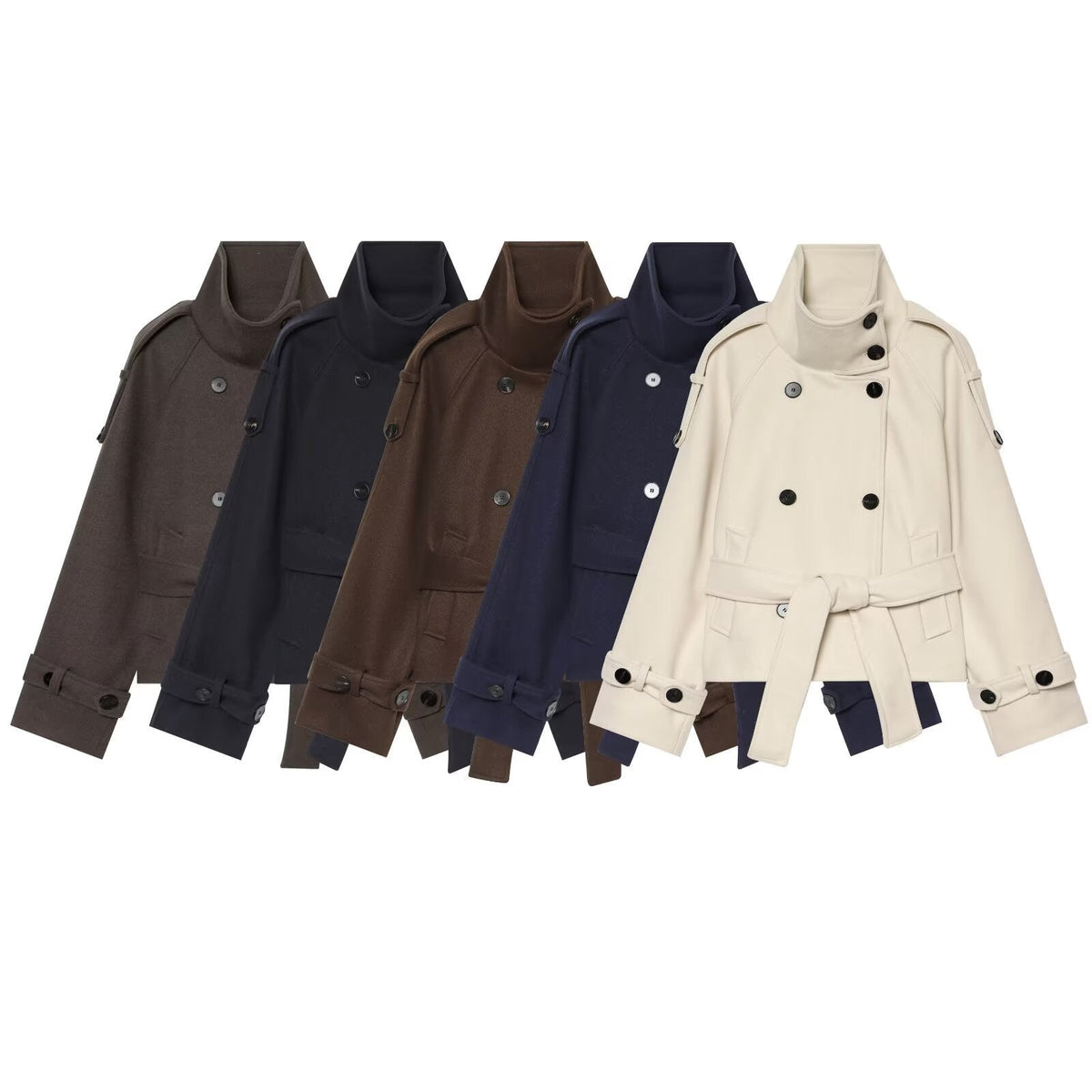 Women's Short Double-Breasted Cape Coat made of Wool with Stand-Up Collar Shoulder Epaulettes and Tie Belt Fashion Glam