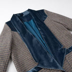 Women's Longline Coat in Houndstooth Mix with Velvet Shawl Collar and Decorative Pocket Trim Fashion Glam