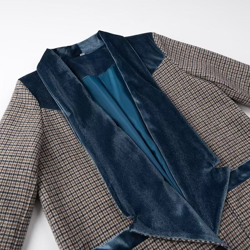 Women's Longline Coat in Houndstooth Mix with Velvet Shawl Collar and Decorative Pocket Trim Fashion Glam