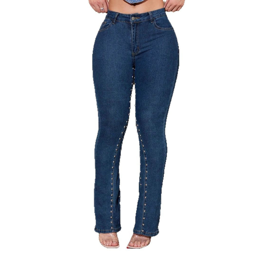 Women's high-waisted jeans with slim thigh, flared leg and front snap button placket Fashion Glam