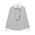Ladies Striped Blouse with Bow Collar, Ruffle Front and Contrast Cuffs Fashion Glam