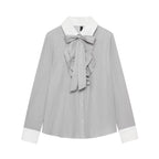 Ladies Striped Blouse with Bow Collar, Ruffle Front and Contrast Cuffs Fashion Glam