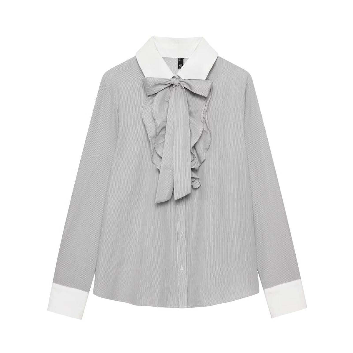 Ladies Striped Blouse with Bow Collar, Ruffle Front and Contrast Cuffs Fashion Glam