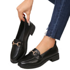 Ladies Patent Leather Platform Loafer with Gold Horsebit Detail and Low Block Heel Fashion Glam