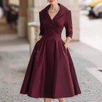 Women's Elegant Satin Midi Dress with Wrap Top, Mid-Length Sleeves and Side Pockets Fashion Glam