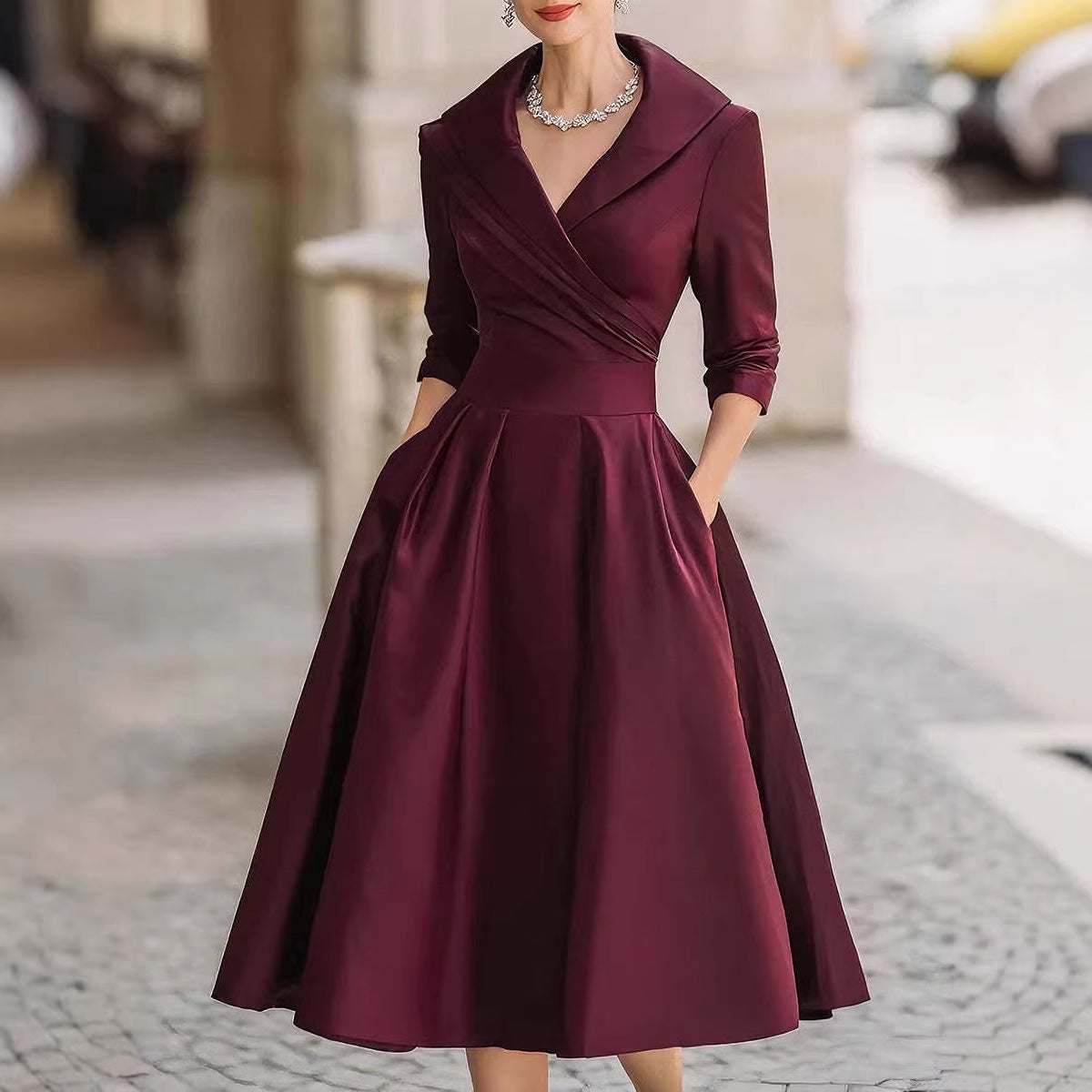Women's Elegant Satin Midi Dress with Wrap Top, Mid-Length Sleeves and Side Pockets Fashion Glam