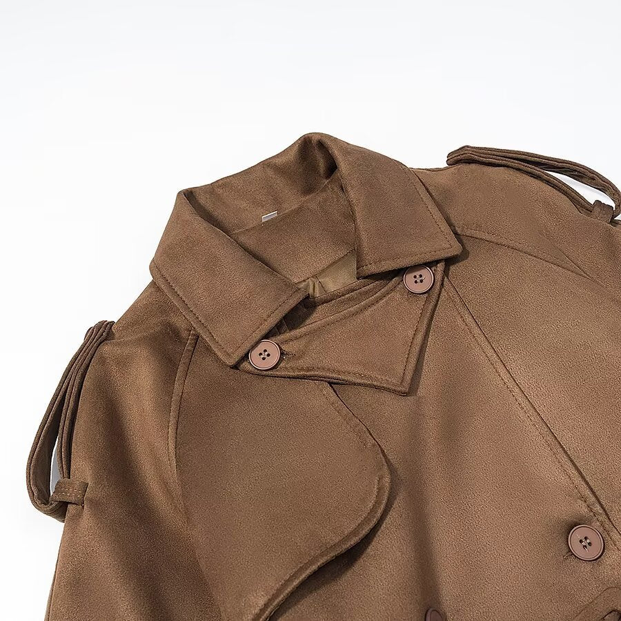 Women Longer tailored double-breasted wool blend trench coat with belt and shawl collar Fashion Glam