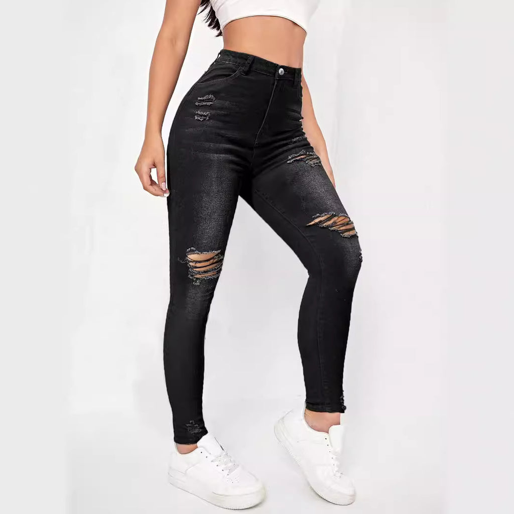 Women high-waisted Sculpting Skinny Jeans with targeted rips and shaping comfort waistband Fashion Glam