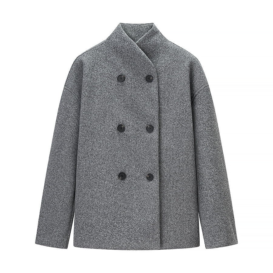 Women Boxy Double-breasted Wool Blend Coat with High Wrap Collar Fashion Glam