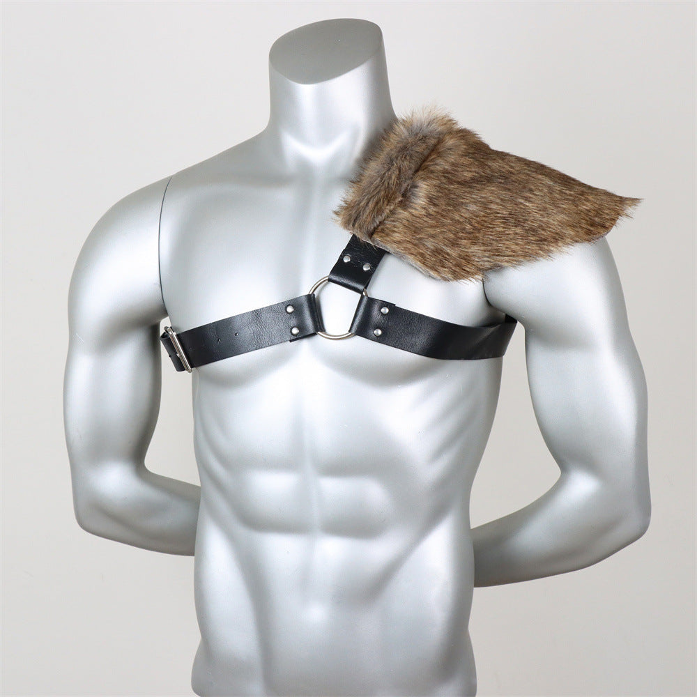 Men's asymmetrical shoulder harness with faux fur shoulder cape and adjustable leather straps Fashion Glam