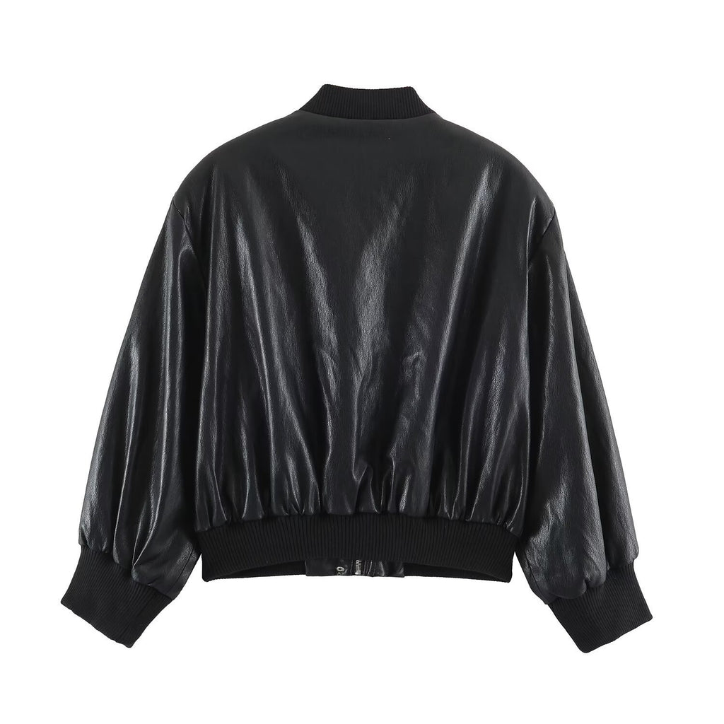 Women's Oversize Bomber Jacket made of Faux Leather with Ribbed Cuffs Fashion Glam