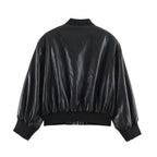 Women's Oversize Bomber Jacket made of Faux Leather with Ribbed Cuffs Fashion Glam