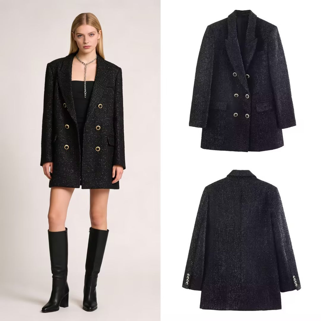 Ladies Double-breasted Boucle Blazer Coat with Lapel Collar and Decorative Metal Eyelets Fashion Glam