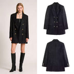 Ladies Double-breasted Boucle Blazer Coat with Lapel Collar and Decorative Metal Eyelets Fashion Glam