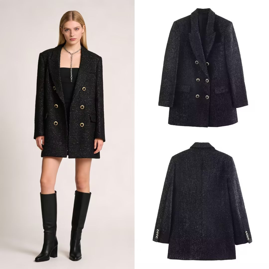 Ladies Double-breasted Boucle Blazer Coat with Lapel Collar and Decorative Metal Eyelets Fashion Glam