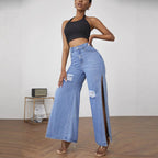 Ladies wide high-waist denim jeans with side leg slits and destroyed knee areas Fashion Glam