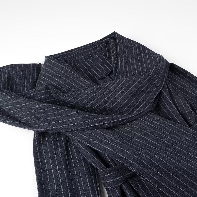 Women's Long Cut Pinstripe Coat in Trench Coat Look with Tie Belt Fashion Glam
