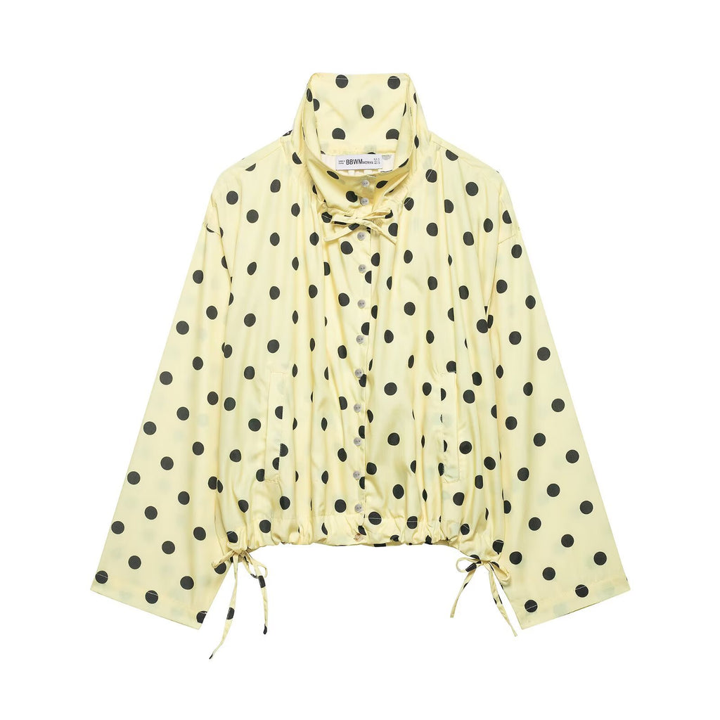 Women's Lightweight Polka Dot Windbreaker with Stand Collar, Drawstring and Button Placket Fashion Glam