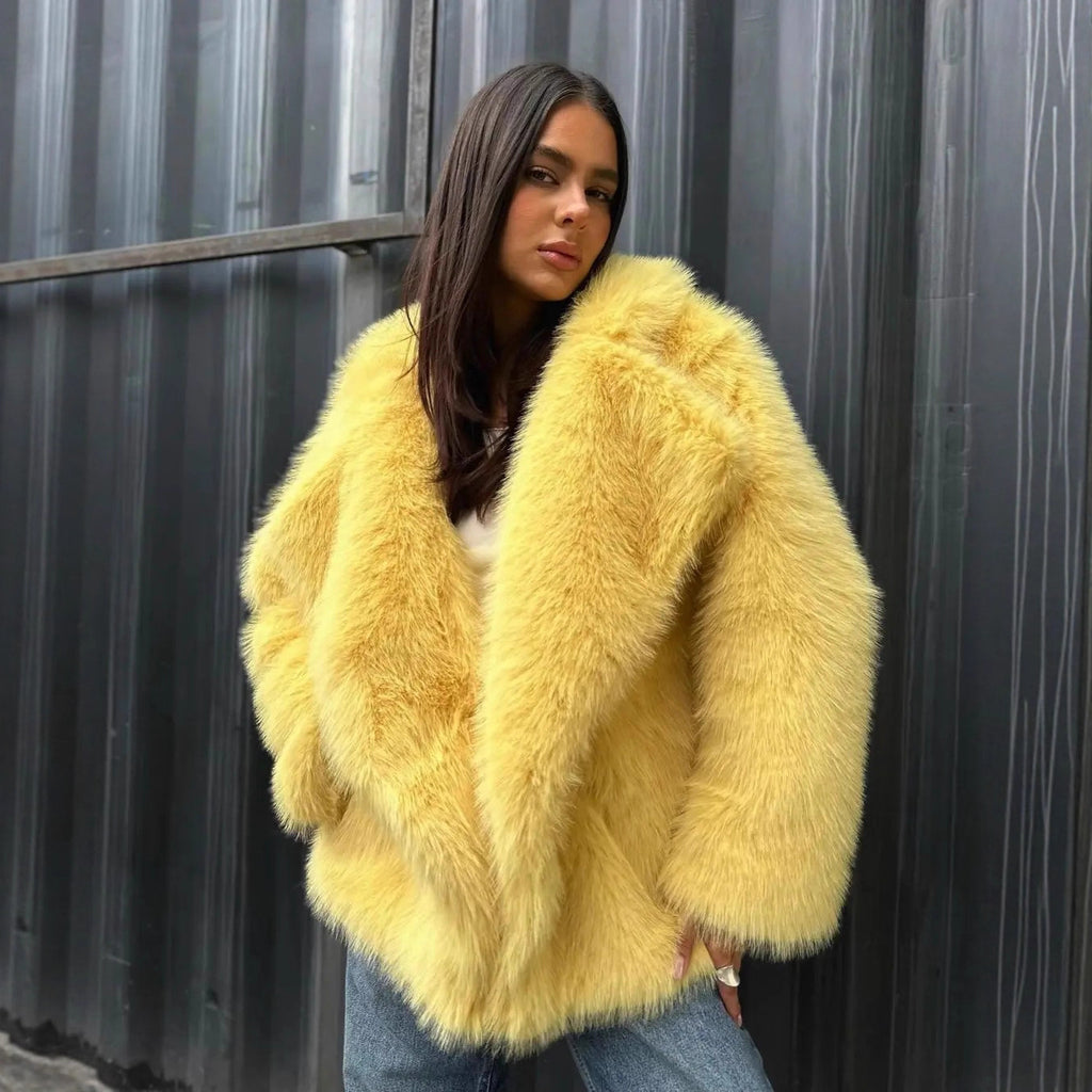 Women’s Short Oversized Faux Fur Coat with Voluminous Shawl Collar Fashion Glam