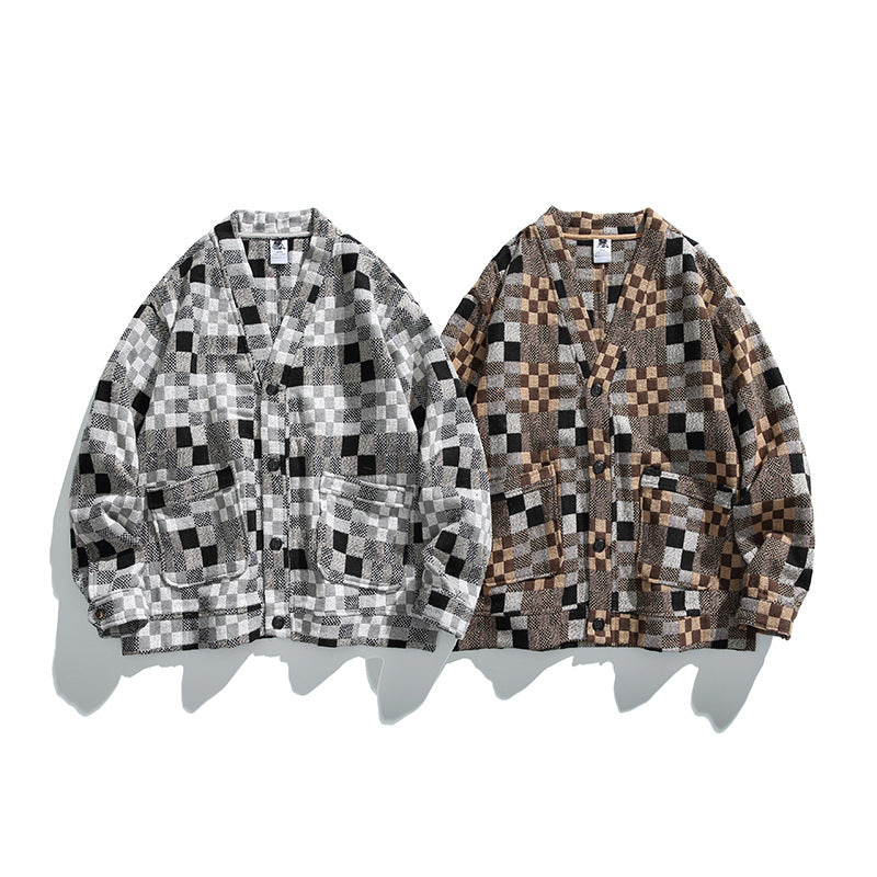 Unisex Boxy Cardigan in Patchwork Check with V-neck, snap front, and patch pockets Fashion Glam
