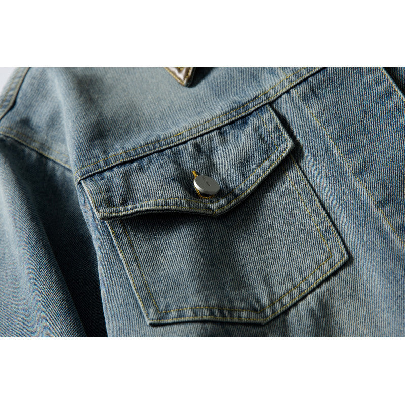 Unisex Boxy Denim Jacket with Leather Collar, Snap Button Placket and Flap Pockets Fashion Glam