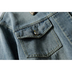 Unisex Boxy Denim Jacket with Leather Collar, Snap Button Placket and Flap Pockets Fashion Glam