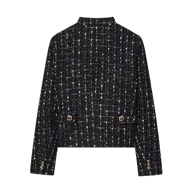 Women's short bouclé tweed jacket with stand-up collar, decorative buttons and patch pockets Fashion Glam