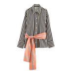 Women Long-Sleeved Shirt Blouse with Contrasting Waist Sash and Wide Cuffs Fashion Glam