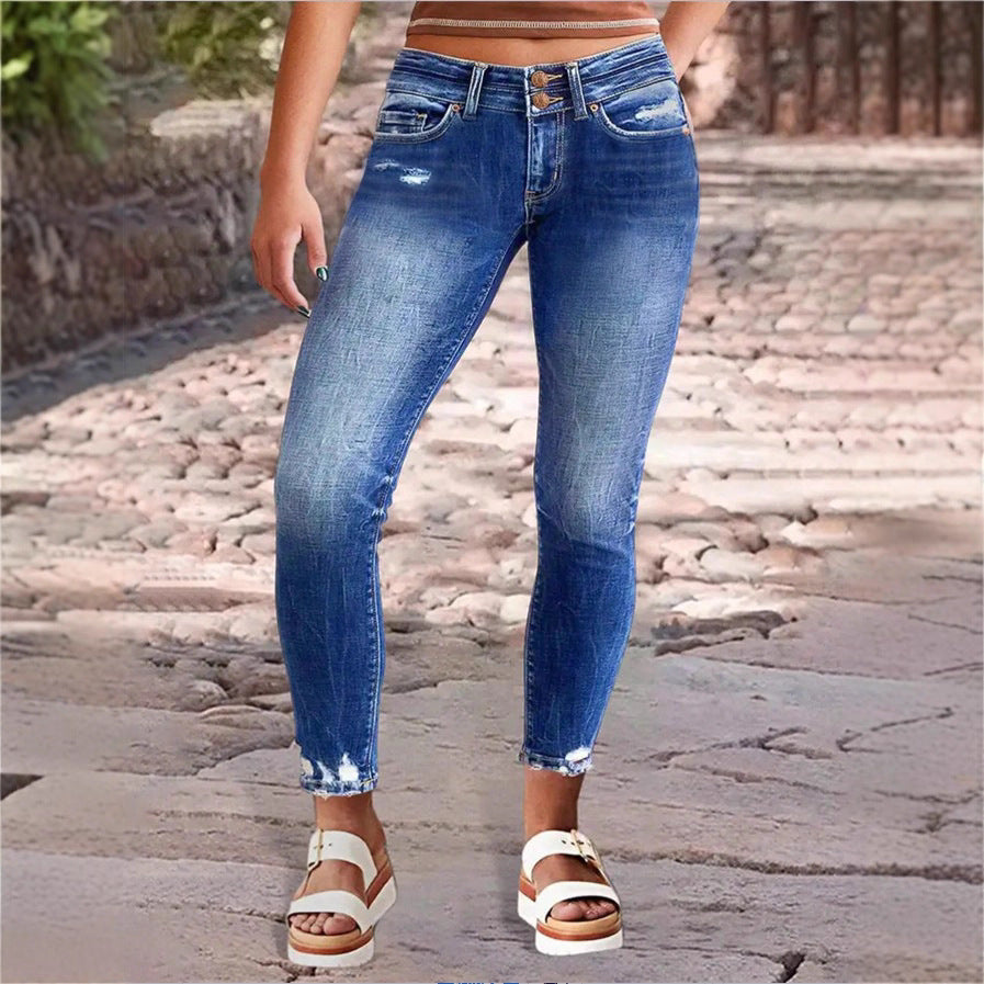 Women's high-waisted Slim-Cropped Jeans with raw hem, Used-Wash and elastic comfort waistband Fashion Glam