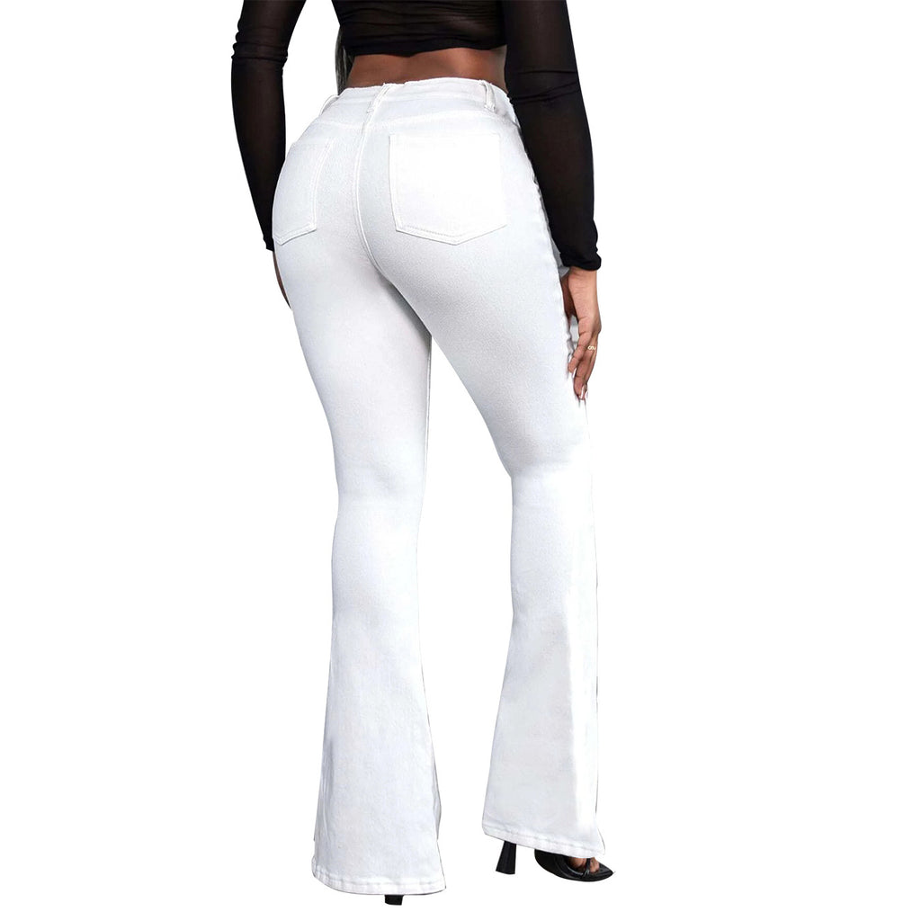 Women’s high-waisted flared trousers made of stretch denim with a center seam and figure-hugging cut Fashion Glam