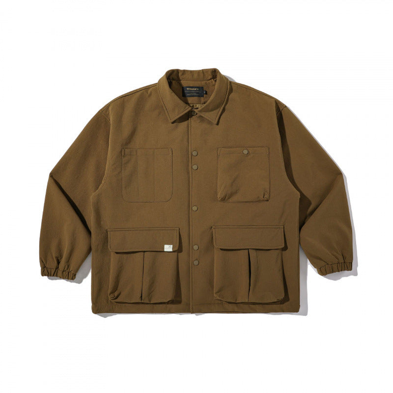 Unisex Boxy Utility Shirt Jacket with Multiple Flap Pockets and Snap Button Closure Fashion Glam