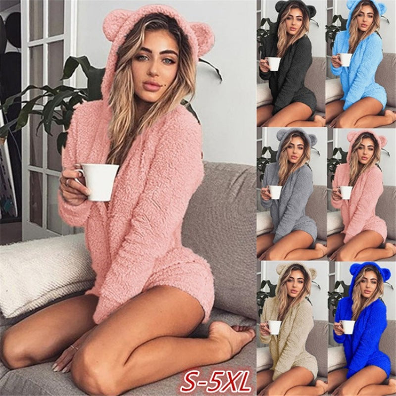 Ladies Cozy Teddy Playsuit with Hood and Bear Ears Fashion Glam