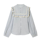 Women Striped Cotton Blouse with Square Bust Yoke, Ruffle and Lace Trim Fashion Glam